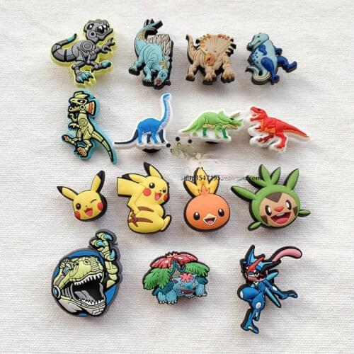 Geniune Cute Shoe Charms Accessories Cartoon Dinosaur Pikachu Greninja Shoes Buckle Decorations for Sandals Charms Kids Gift