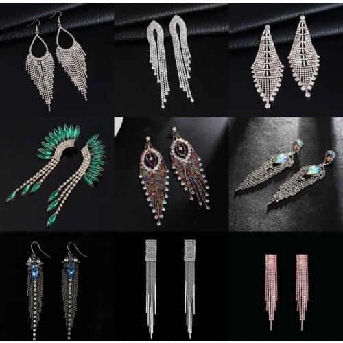 Korean Fashion Earrings For Women 2021 Shiny Crystal Tassels Long Earrings Party Bridal Earrings Wedding Accessories Jewelry