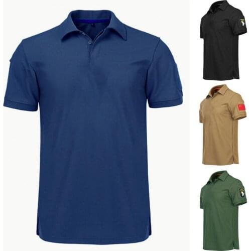 Men Military T-shirt Lapel Short Sleeve Solid Buttons Quick Drying Top Outdoor Sports Hiking Training Tactical Tee Men Clothing