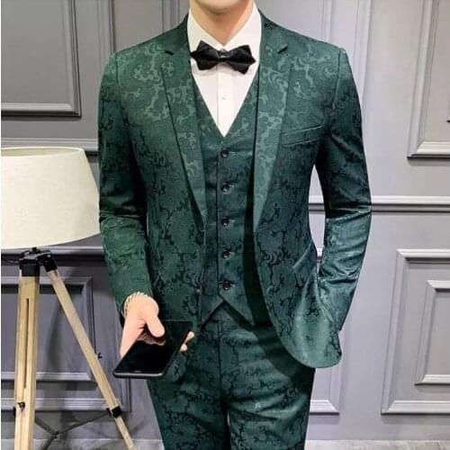 2021 Fashion 3 Pieces Men Suits Dark Green Printed Floral Groom Smoking Prom Best Man Blazer Slim Fit Men Wedding Suits Tuxedo