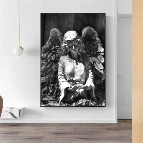 Black And White Angel Statue Canvas Wall Art Posters And Prints Angel Wings Sculpture Picture For Living Room Home Decoration