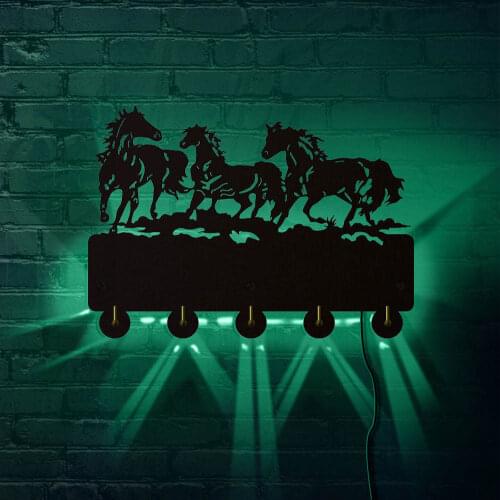 Running Horse Clothes Wall Light Hanger Animals Household Wall Decor LED Lighted Hooks Multi-color Changing Wooden Wall Hook