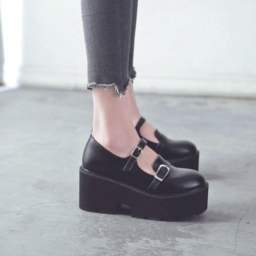 Thick platform shoes patent leather Goth shoes High Heels ankle strap heels Casual Shoes ladies low heel chunky shoes LJA960