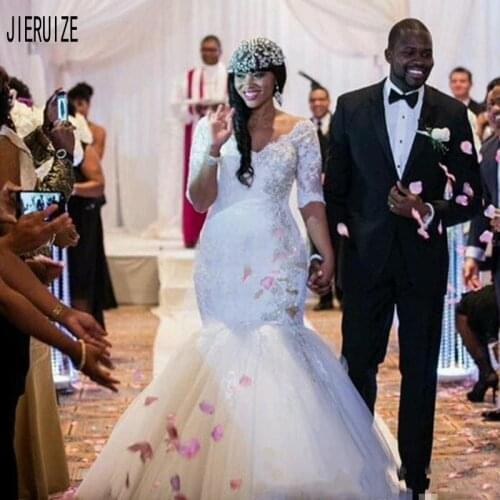JIERUIZE Luxury African Lace Mermaid Wedding Dresses V Neck Half Sleeve Appliques Beads Black Girl Wedding Gowns robe de mariee