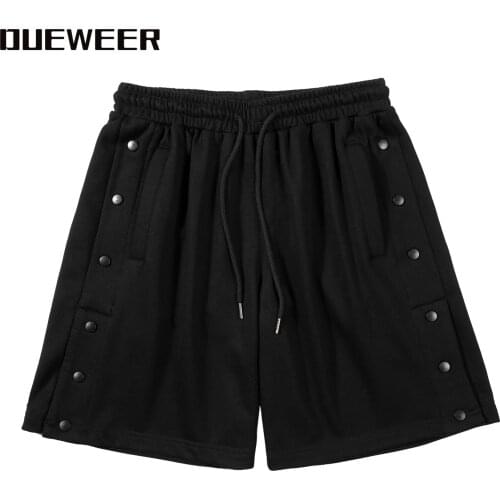 Dueweer Harajuku Side Buttons Knit Sports Shorts Hip Hop Streetwear Sweatpant Shorts Men Summer Loose Casual Knee Length Cotton