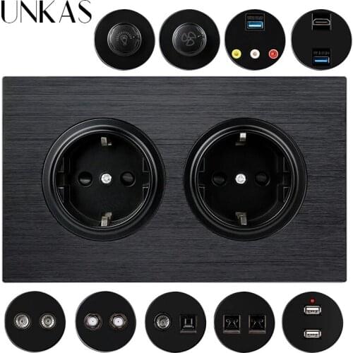 UNKAS Dual EU Black Aluminum Panel Socket + HDMI-Compatible USB Jack TV RJ11 Telephone RJ45 Internet Dimmer Fan Regulator Switch