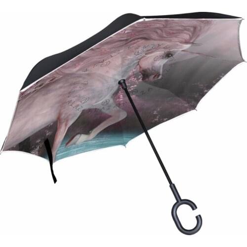 High Quality Reverse Umbrella Double Layer C Handle Unicorn Women Child Sun Rain Anti-UV Inverted Umbrella