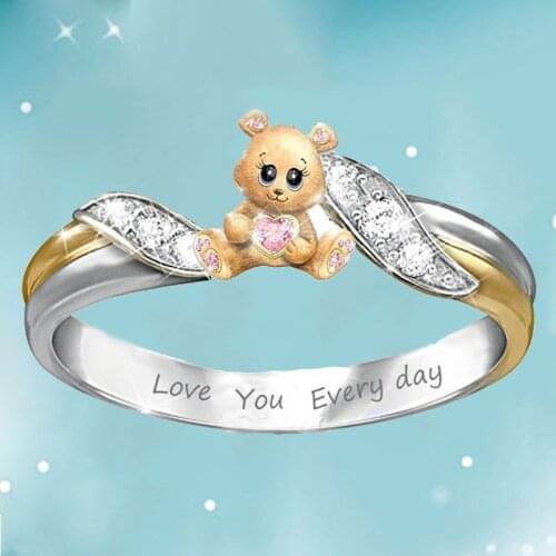 WANGAIYAO cute fashion hug bear ring female temperament animal inlaid zircon lettering love you erery day ladies ring commemorat