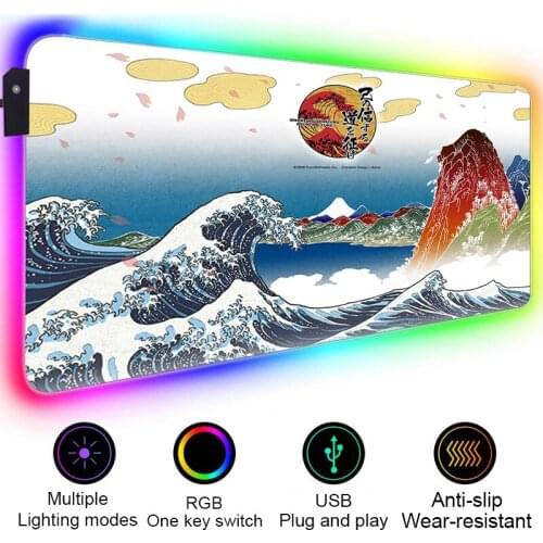Japan Nuclear waste Great Wave Big Mousepad Gamer Gaming Keyboard Pad Mouse Glowing Gaming Mat Computer Carpet RGB Mouse Pad Xxl