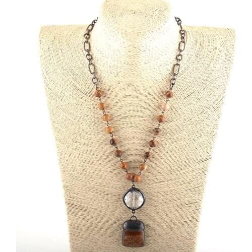 Fashion Jewelry Natural Semi Precious Rosary Chain Stone Glass Link Stone Pendant Choker Necklaces For Women Ethnic Necklace