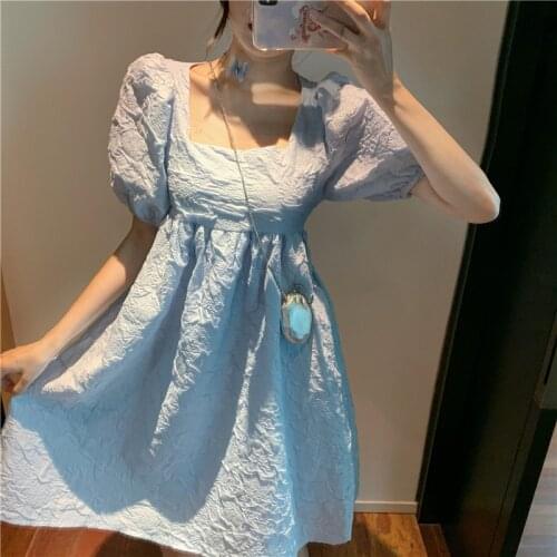 Retro puff sleeve Jacquard dress backless dress beach wear square collar bowknot dresses