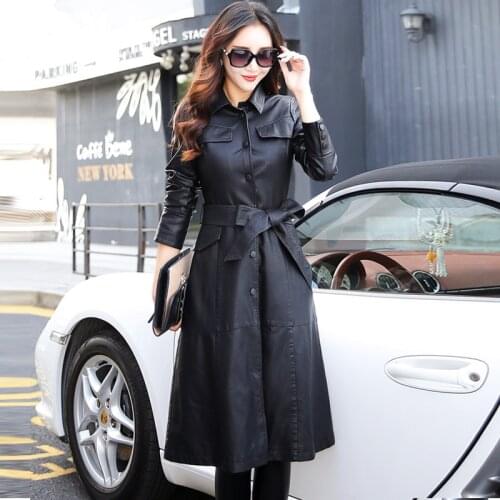 Women Long Leather Jacket 2019 New Fashion Ladies Elegant Washed PU Leather Coats Trench Female Outerwear With Belted Plus Size