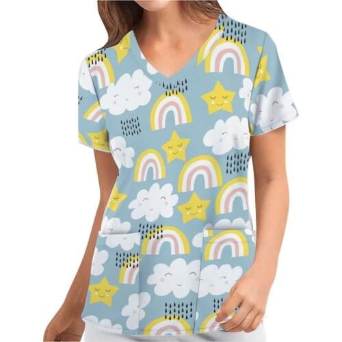 Nurse Uniform Women Short Sleeve V-neck Cartoon Pattern Tops Nursing Working Uniform T-shirts Nurse Acessorios Femininos #YJ