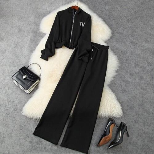 European and American womens clothing 2020 autumn new style Long sleeve ironing drill letter coat trousers Fashion suits