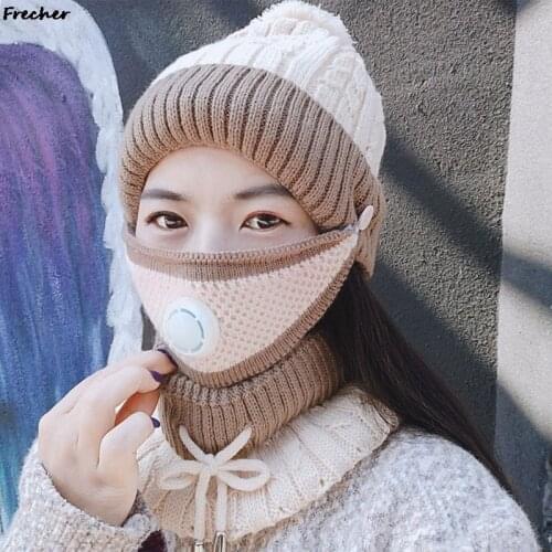 Womens Warm Hat three-piece Suit With Breathing Valve Dust Mask Bib With Hat Easy To Breathe Warm And Cold Knitted Hat