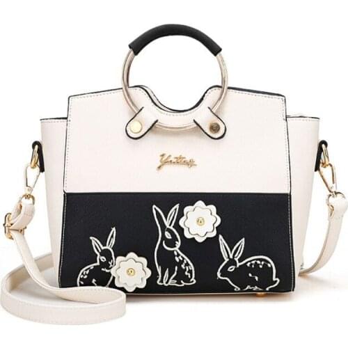 Women Leather Embroidery Handbags Girl Shoulder Bags Messenger Bag Female Tote Braccialini Style Handicraft Cartoon Rabbit Paint