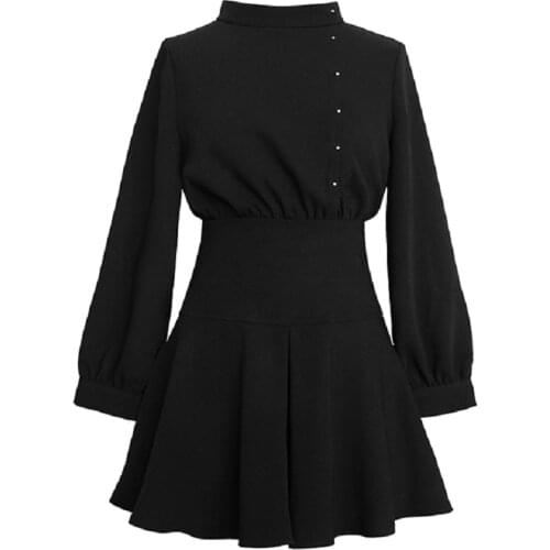 Women Dress Long Sleeve Elastic Waist Dark Fashion Girl Black Casual A-Line Dress 2019
