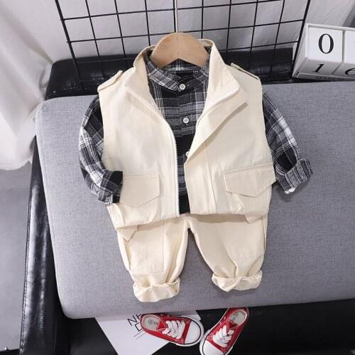 2021 Autumn Spring New Baby Boy Solid Tooling Set Infant Zipper Vest+Plaid Shirt+Pants 3pcs Suits Toddler Girls Casual Clothes