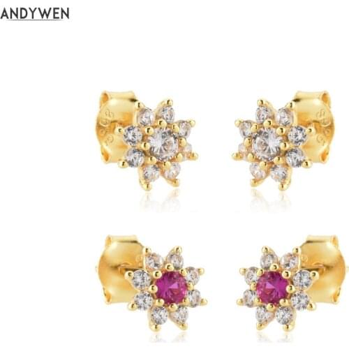 ANDYWEN 925 Sterling Silver 2021 Rose Red Clear Sunflower Stud Earring Piercing Crystal Pendiente Luxury Jewelry Clips Party