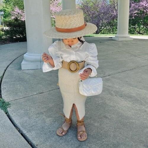 1-6Y Kids Girls Clothes Sets Children Puff Long Sleeve Lapel White Shirts + Midi Skirt with Belt Summer Autumn Baby Outfits