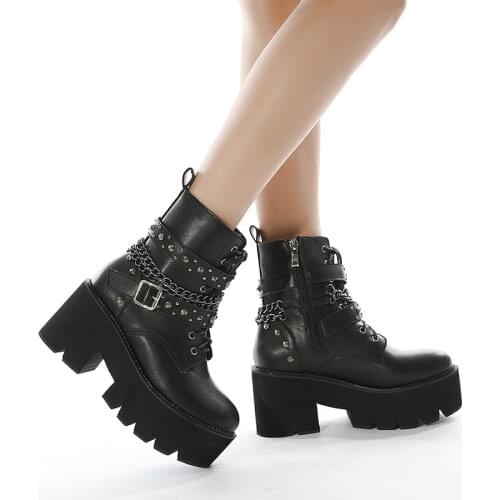 Black PU Leather Ankle Boots Women Autumn Winter Round Toe Lace Up Shoes Woman Fashion Motorcycle Platform Botas Gothic