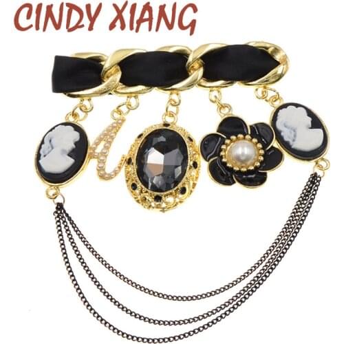 CINDY XIANG Beauty Head Enamel Flower Crystal Letter A Brooches For Women Chain Tassel Pin Brooch New Winter Design Gift