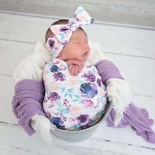 PUDCOCO Newborn Infant Baby Swaddle Muslin Blanket Floral Wrap Swaddling Blanket Hat Headband 3Pcs