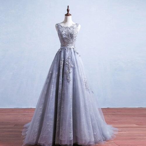 Elegant Grey A-line O Neck Evening Dress Real Photos Long Floor Length Tulle Appliques Evening Gowns Party Prom Dress