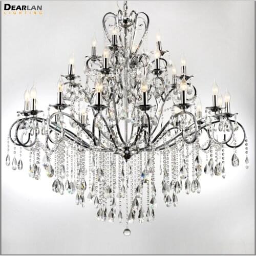 Modern Large Metal Arms Crystal Chandelier Light Fixture Chrome Lustre 28 Lights Crystals Hanging Lamp Hotel Lobby Luminaire