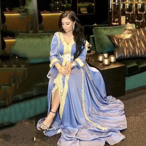 Moroccan Kaftan Caftan Muslim Evening Dresses A-line V-neck 3/4 Sleeves Appliques Dubai Arabic Turkey Abaya Islamic Gown