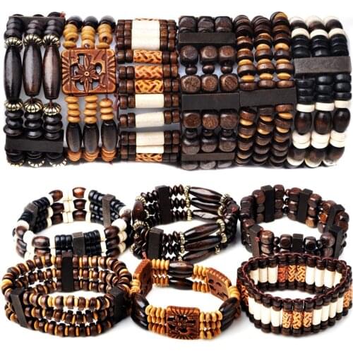 Mix Lot 5Pcs/lot Natural Wood Beads Charm Bracelets Fashion Jewelry Mix Style Wooden Adjustable Bracelet Cuff Bangle Wholesale