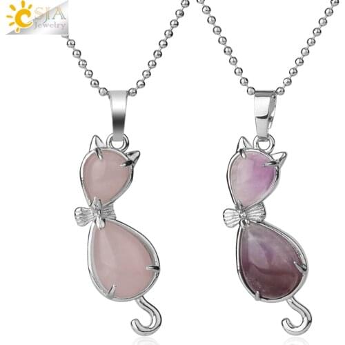 CSJA Natural Stone Cat Animal Pendants Water Drop Healing Pink Quartz Tiger Eye Purple Crystal Lovely Necklaces Women Girls G305
