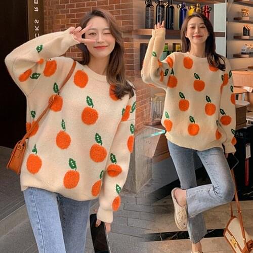 Fall Winter Women Cute Orange Printing Loose Pullovers Knitted Sweater Long Sleeve O-Neck Knitting Sweater Female Knitwear Tops
