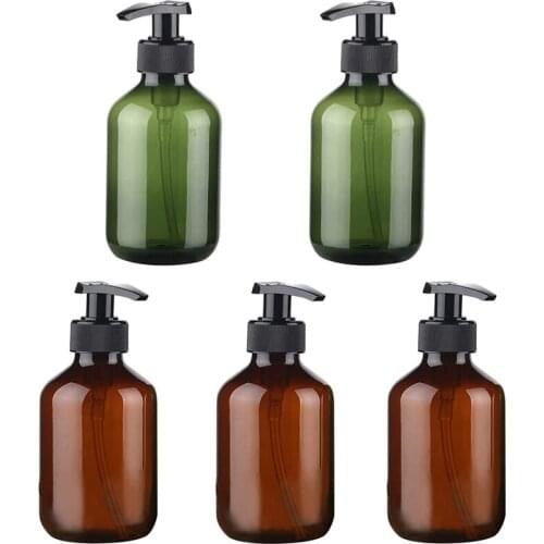 10 Ounce Plastic Pump Bottles Dispenser, Amber and Green Refillable Bottle Containers for Massage Oil, Lotion 5 Pack