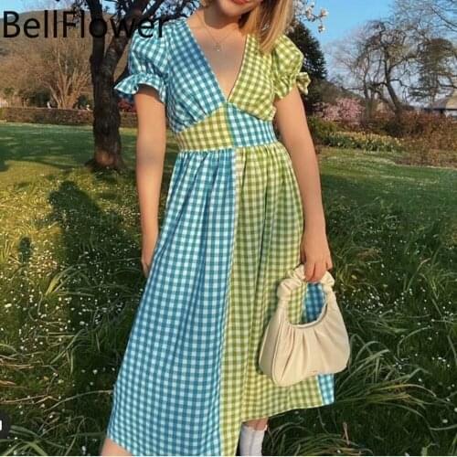 Plaid Midi Dress Women Clothing Short Sleeve Pullover A-LINE Draped Lantern Sleeve V-Neck Beach Style Harajuku Dresses Vestidos