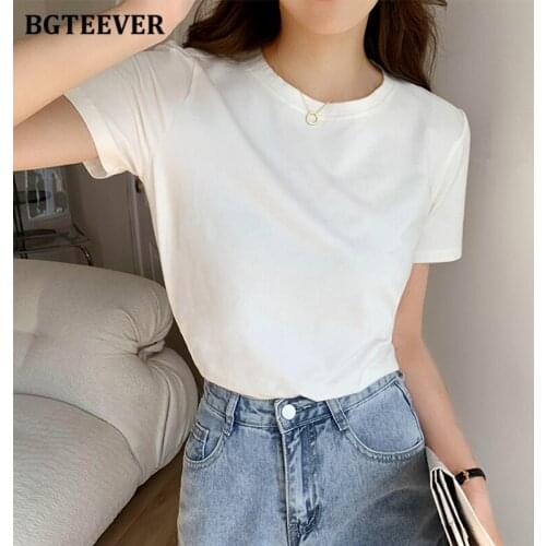 BGTEEVER Casual Short Sleeve Women Pullovers Tops 2021 Summer O-neck Female Solid T-shirts Ladies Simple Loose Tees 6 Colors