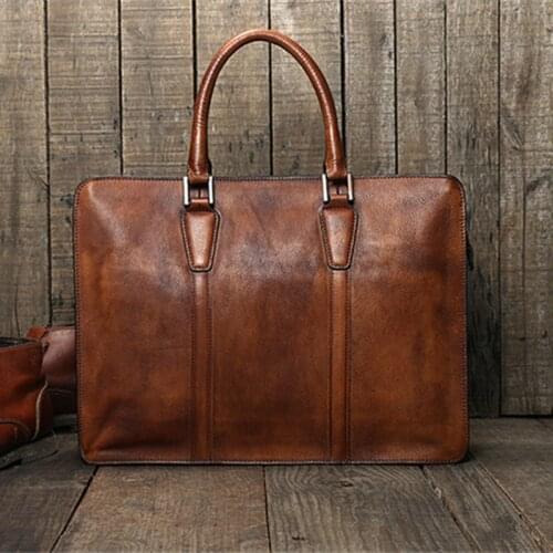 Simple casual natural genuine leather mens large-capacity portable briefcase retro ladies work lawyer shoulder messenger bag