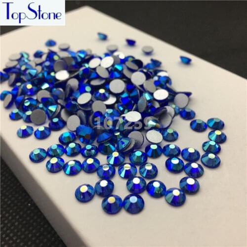 TopStone Sapphire AB Color ss3-ss30 Round Glass Crystal Flatbacks Nail Art 3D Stones Glue On Non Hotfix Rhinestones