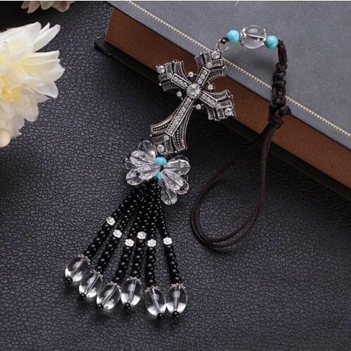 1pcs car Accessories Decoration White crystal diamond Cross with beads tassel pendant Ornament Interior rearview mirror pendant