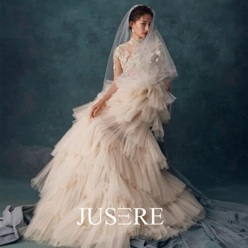 JUSERE Champagne High Low Evening Dress Sweep Train High Collar Sleeve See Through Button Evening Dresses 2019 Party Gowns