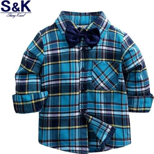 XC-148 Spring Autumn Boys Long Sleeve Classic Plaid Lapel Shirts bowtie Tops with Pocket Baby Boys Casual Shirt Kids Clothing