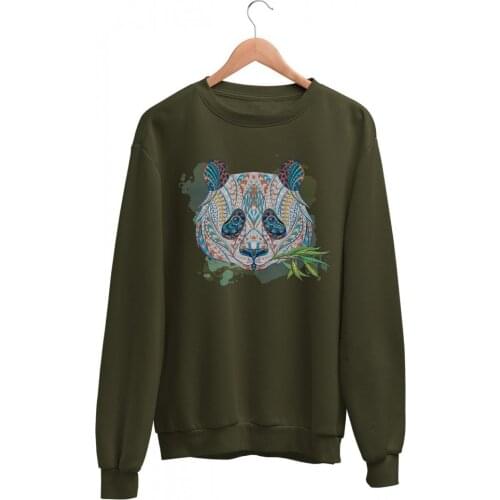 Ethnic Patterned Blue Tones Panda Womens Sweatshirt Stylish Combination Style 100% Cotton Unisex Winter