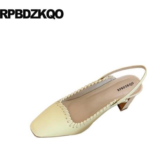 Women Shoes 2021 Spring Sandals High Heels Pumps Block Strap Slingback Elegant Yellow Closed Toe Genuine Leather Comfortable