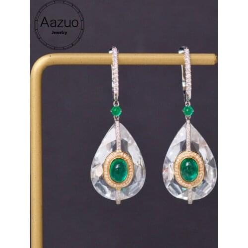Aazuo 18K White Gold Natural Emerald 1.50ct White Crystal Real Diamond Classic Water Drop Earring for Women Senior Banquet Party