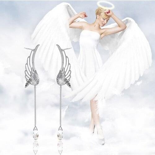 Fashion Anime Tassel Earrings Angel Wings Feather Earrings For Charms Women No Ear Hole Rhinestone Wedding Party Earrings