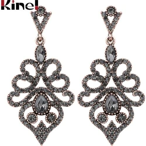 Kinel Boho Women Earrings Antique Gold Vintage Drop Earrings Gray Crystal Flower Ethnic Turkish Jewelry