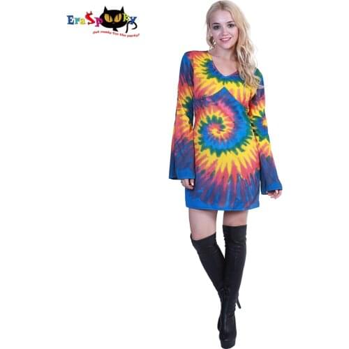 Plus Size 60s Peace and Love Sexy Paisley Hippie Dress Costume Women Halloween Party Costumes Vintage Hippy Bell Sleeves Dress
