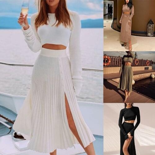 Kili Autumn and Winter Knitted Pullover Sweater with Open Ends Fashion Sexy Pleated Skirt Suit Women