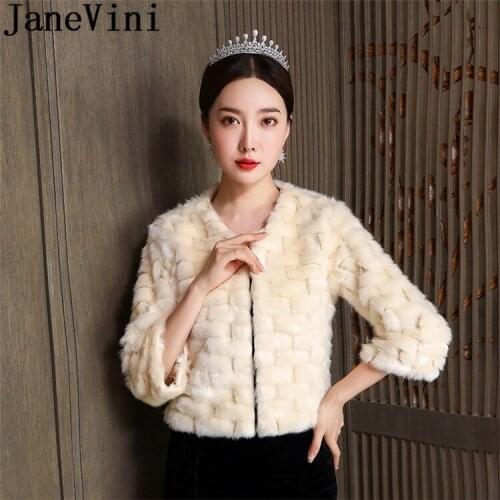 JaneVini Elegant Champagne Bride Fake Fur Jackets with Sleeves Women Winter Wedding Fur Coat Cape Wrap Bridal Party Bolero 2020