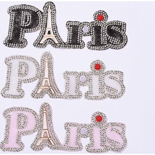 1Pcs Fun Rhinestones PARIS Letter Embroidered Patch Iron on Sewing Crystal Applique For Jeans Clothing Decorations